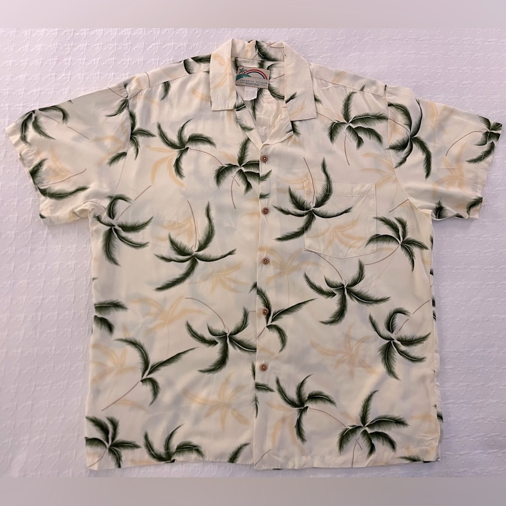 Paradise Found‎ Green Yellow Floral Rayon Hawaiian Shirt Tropical Button Men's L